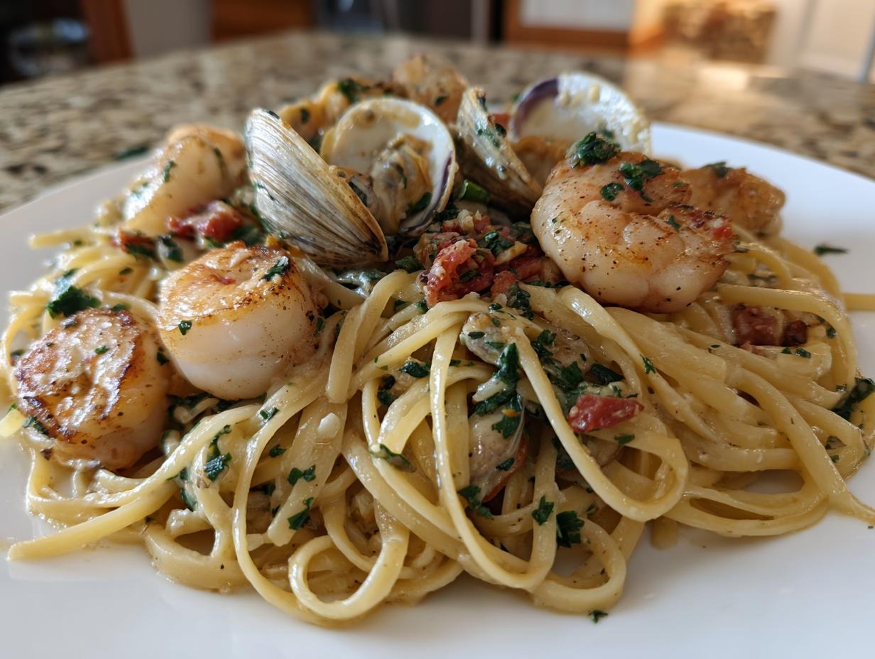 A close-up of creamy seafood pasta featuring seared scallops, clams in the shell, shrimp, and sun-dried tomatoes.
