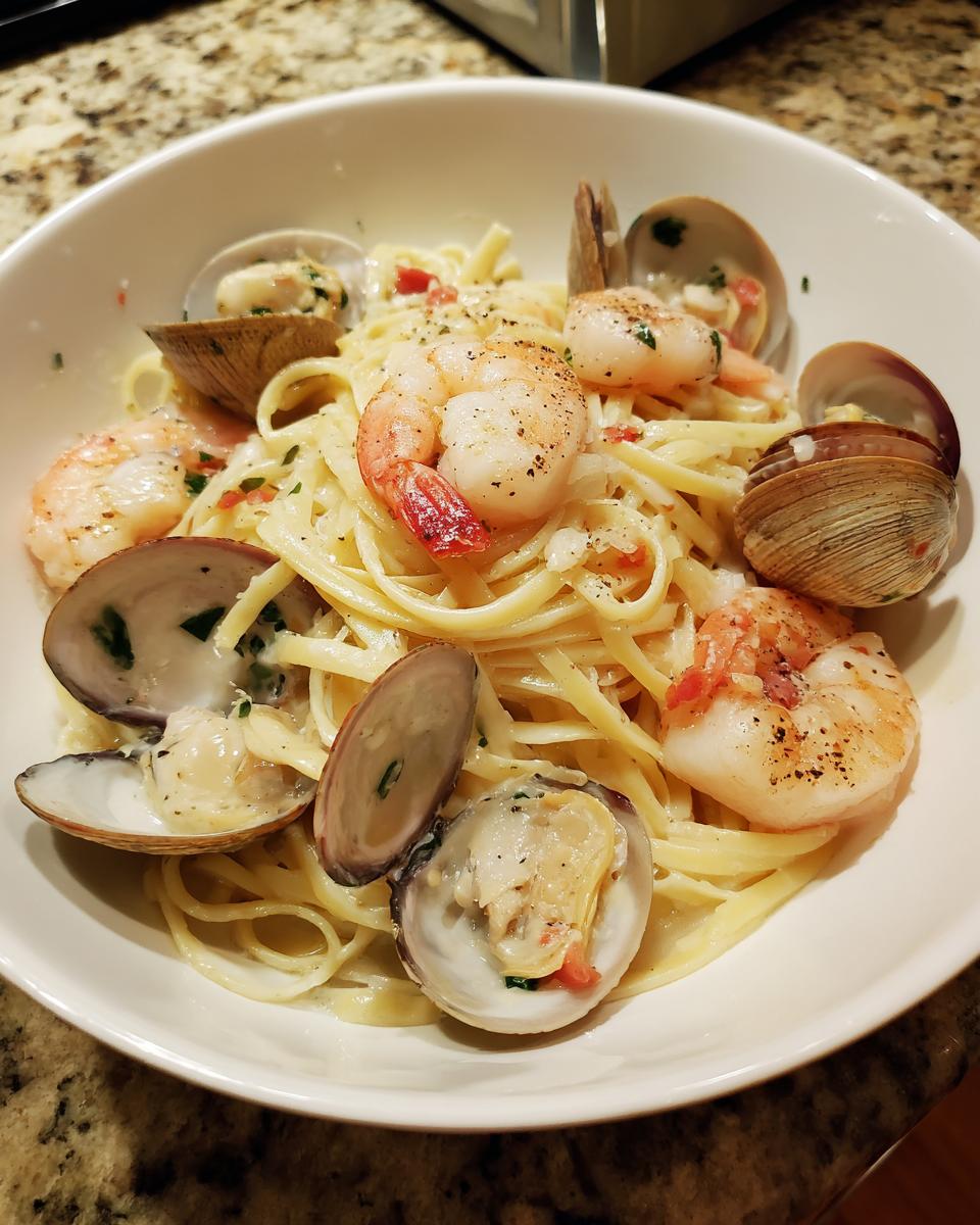A close-up view of a white bowl filled with creamy seafood pasta, featuring fettuccine, seasoned shrimp, and whole clams in their shells.