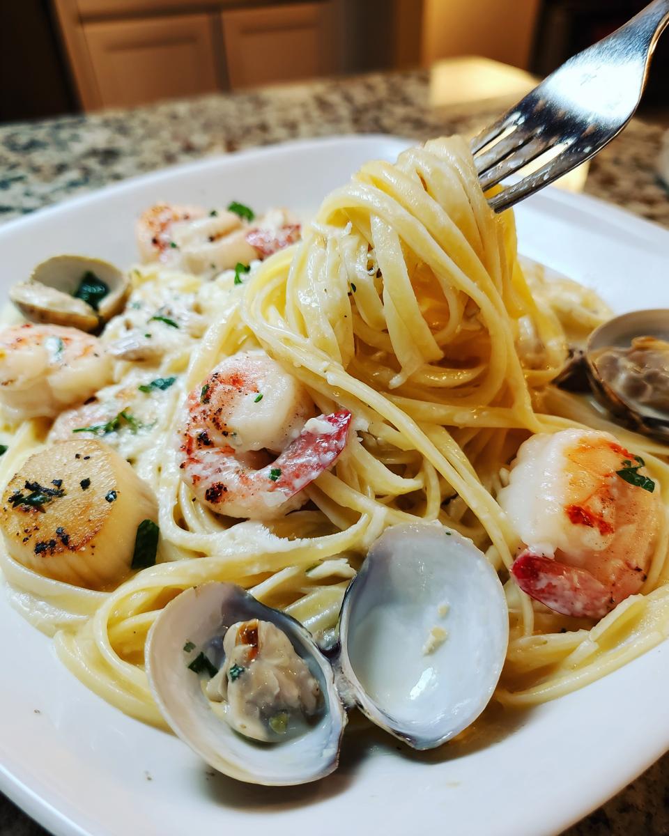 A fork twirls linguine noodles from a creamy seafood pasta dish featuring shrimp, seared scallops, and clams.