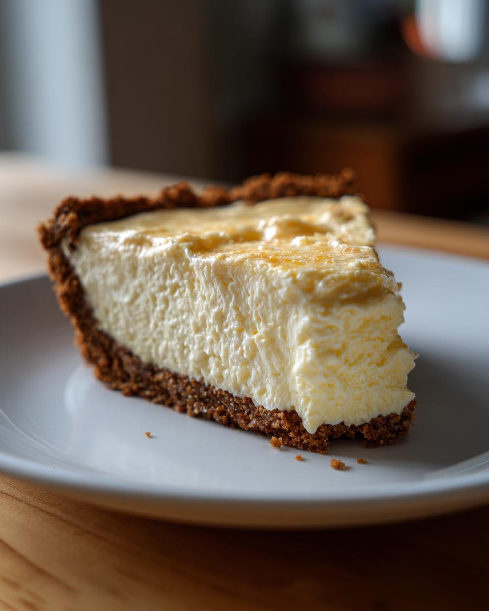 A close-up of a thick slice of creamy, pale yellow Million Dollar Pie with a dark graham cracker crust, served on a white plate.