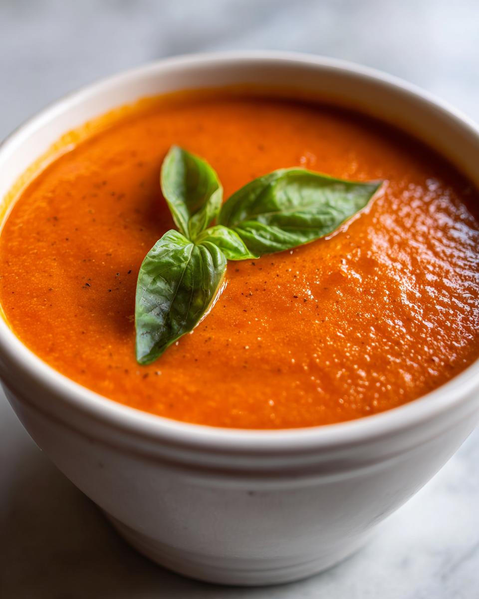 Close-up of a bowl of rich, orange-red tomato bisque topped with three fresh basil leaves.