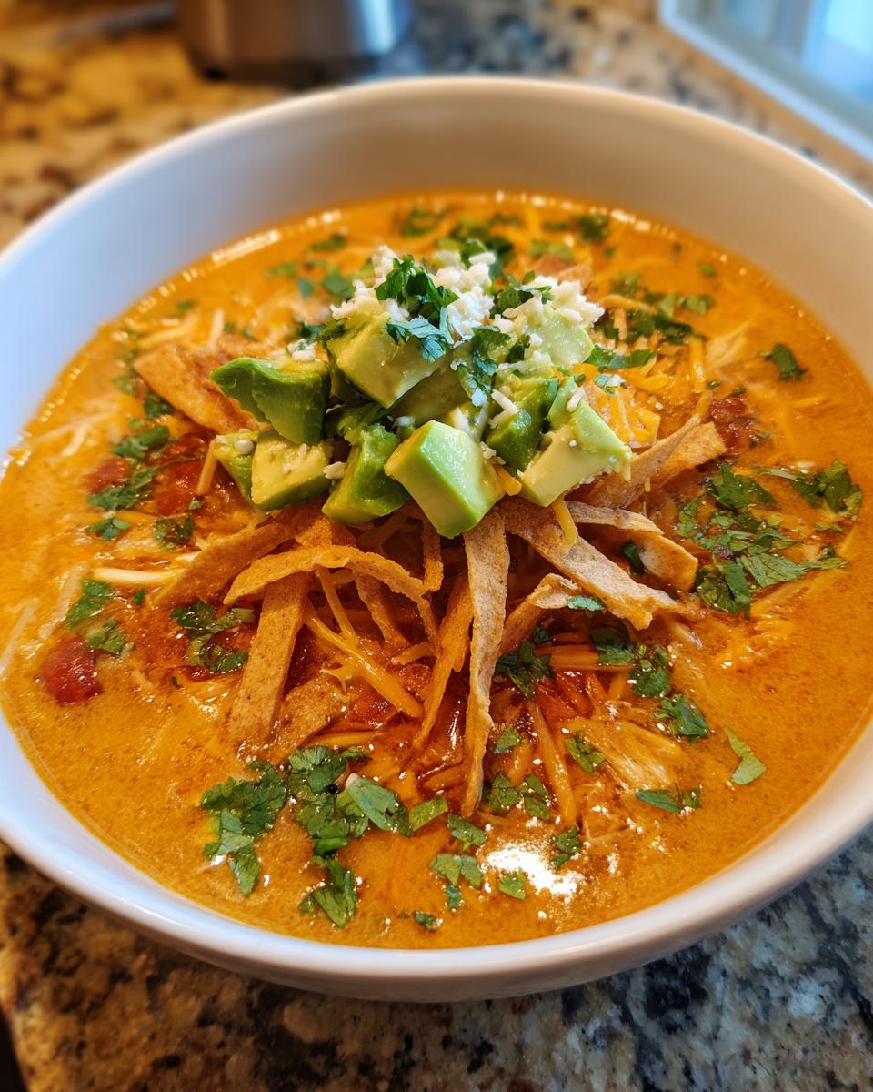 A close-up of a bowl of creamy tortilla soup topped generously with avocado chunks, tortilla strips, and fresh cilantro.