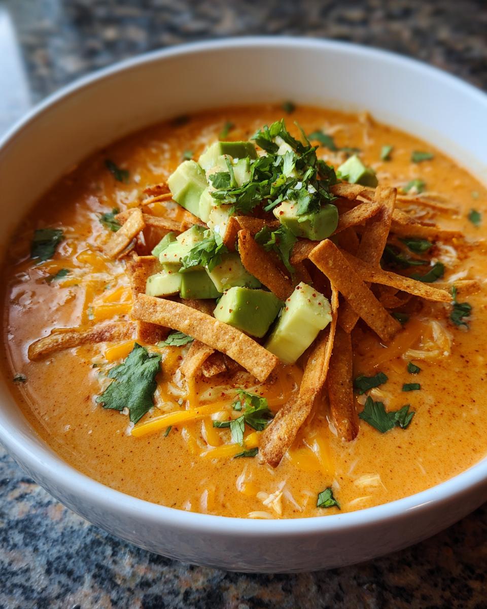 Close-up of a bowl of creamy orange tortilla soup topped with avocado cubes, crispy tortilla strips, and cilantro.