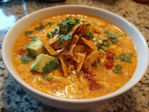 Close-up of a bowl of creamy tortilla soup topped with avocado chunks, shredded cheese, cilantro, and crispy tortilla strips.