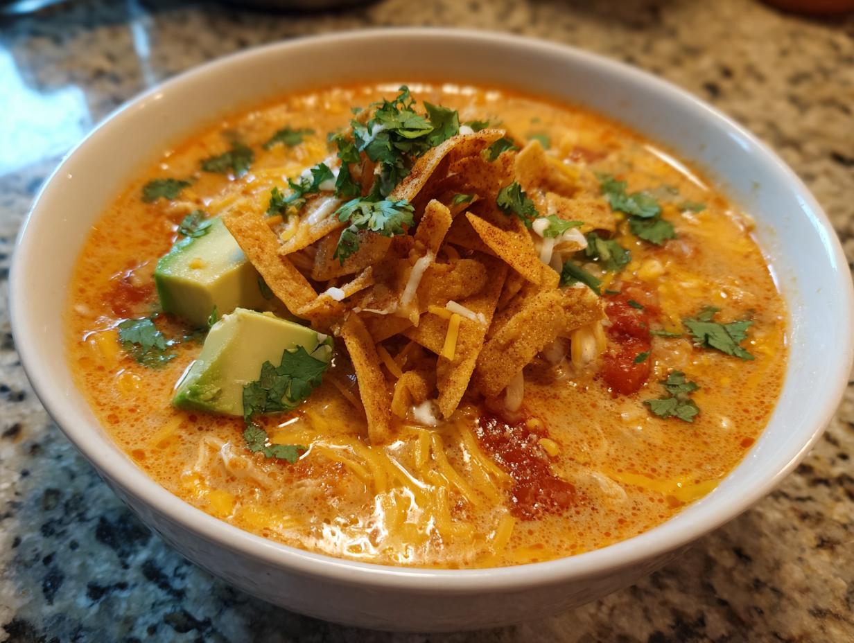 Close-up of a bowl of creamy tortilla soup topped with avocado chunks, shredded cheese, cilantro, and crispy tortilla strips.