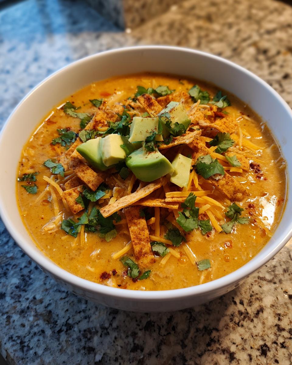 A close-up of a bowl of creamy tortilla soup topped generously with avocado slices, shredded cheese, crispy tortilla strips, and fresh cilantro.