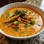 Close-up of a bowl of creamy tortilla soup topped with crispy tortilla strips, avocado chunks, cheese, and cilantro.