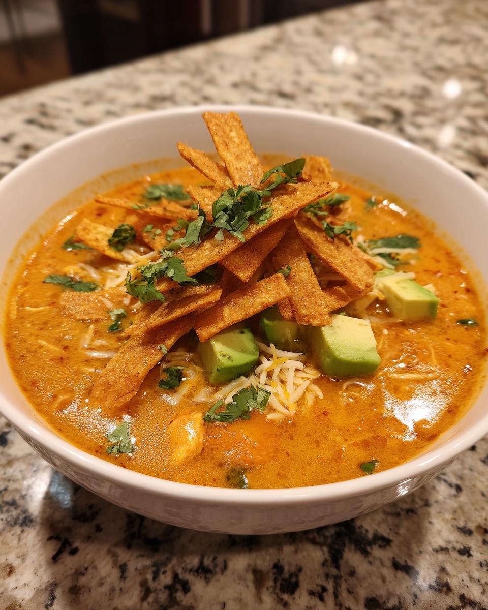 A close-up of a bowl of creamy orange tortilla soup topped with crispy tortilla strips, diced avocado, shredded cheese, and cilantro.