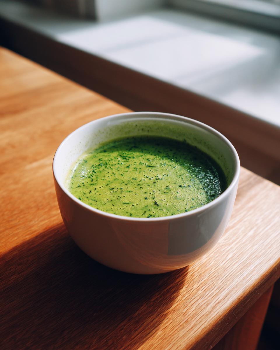 A bowl of vibrant green, creamy zucchini soup resting on a sunlit wooden surface.