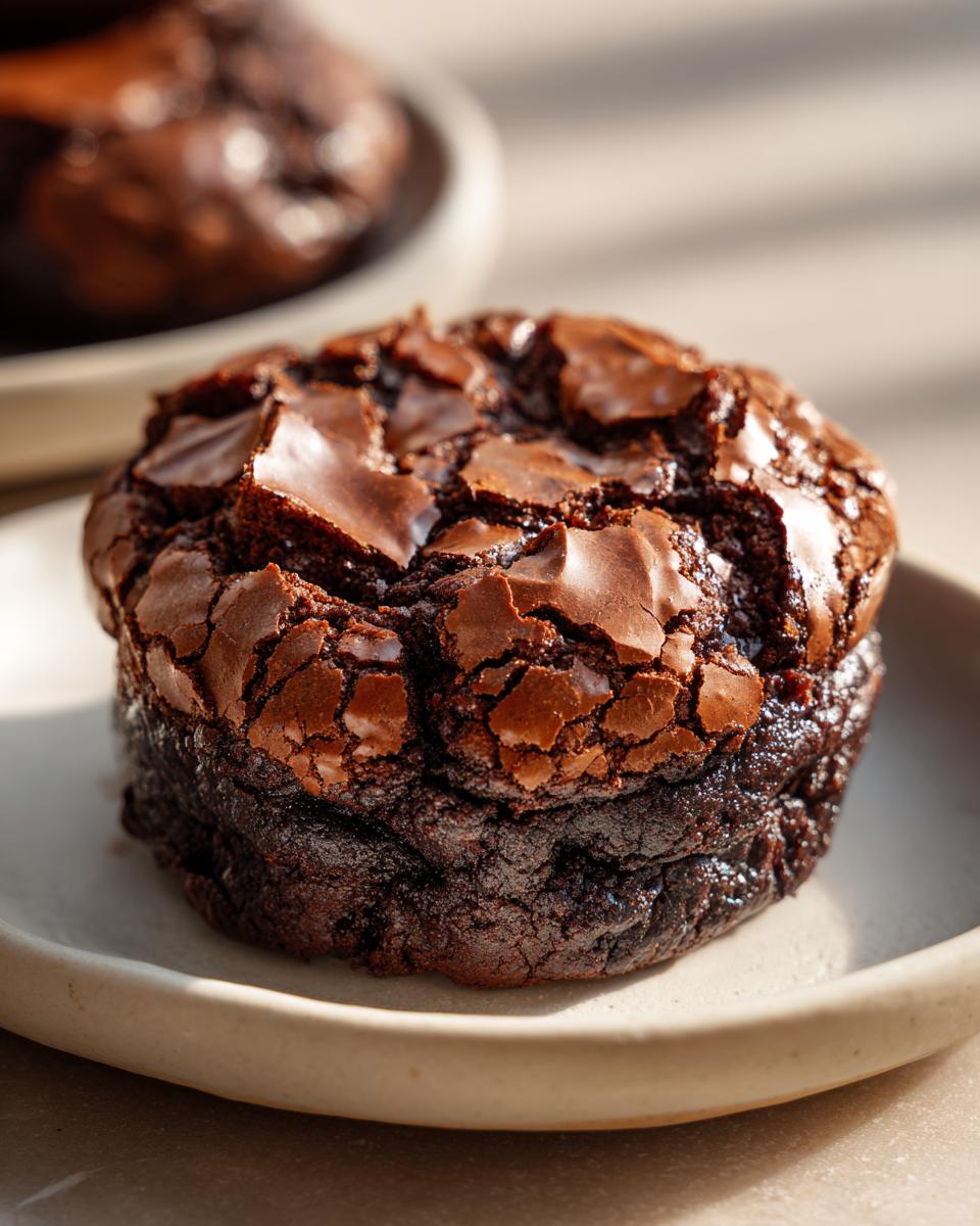 Close-up of a rich, dark chocolate brownie cookie featuring a signature shiny, cracked top.