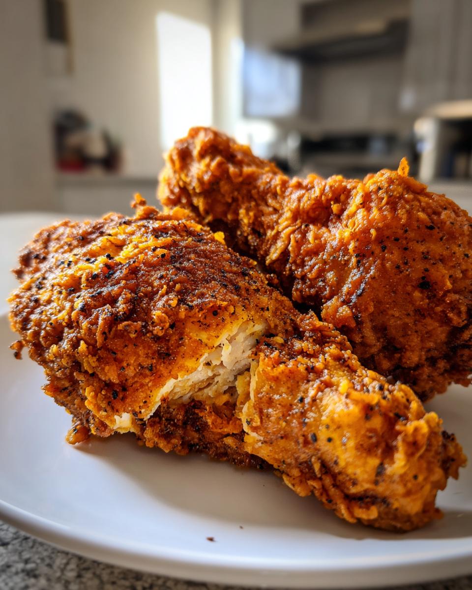 Close-up of three pieces of crispy, seasoned air fryer fried chicken on a white plate, showing the juicy interior.