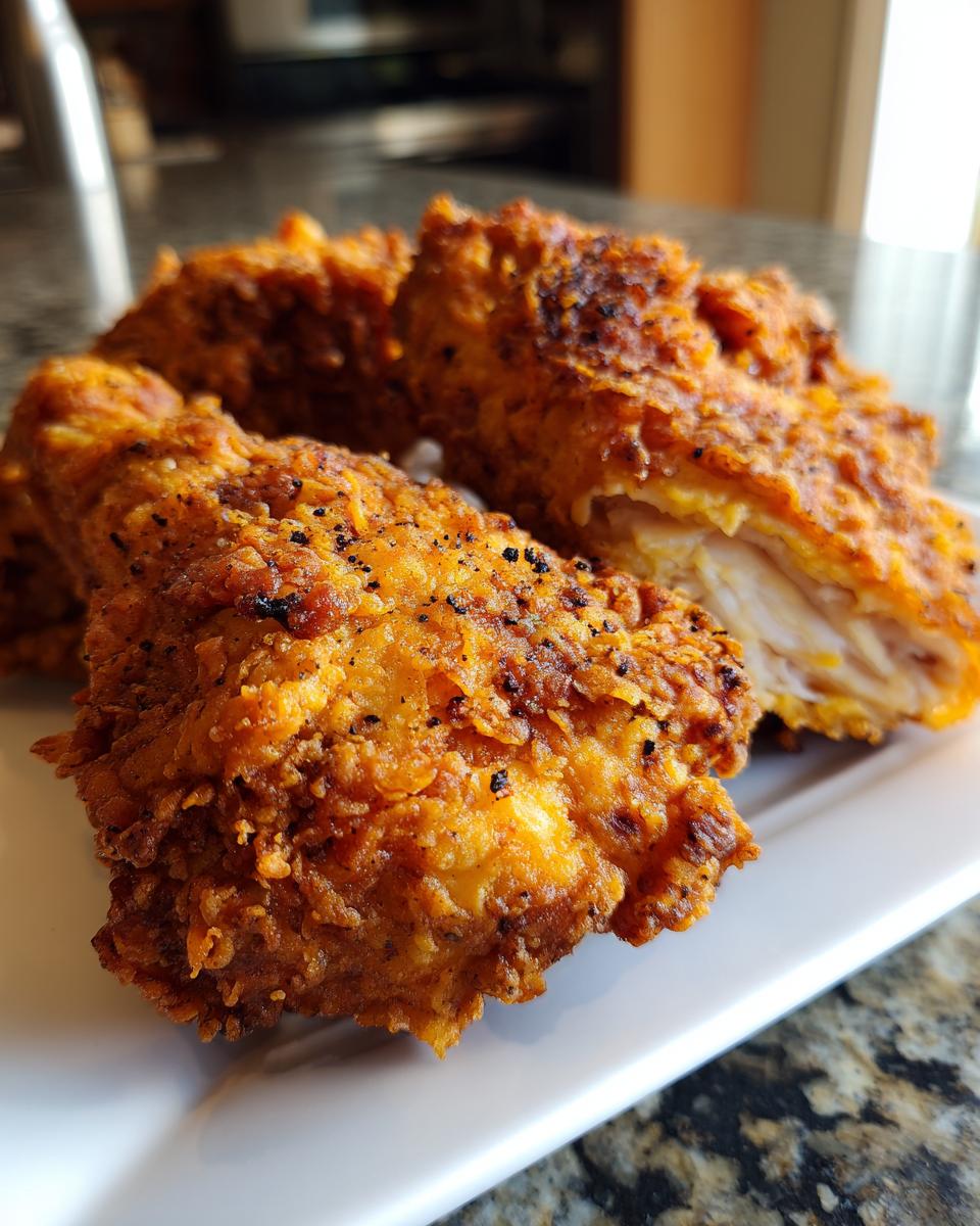 Close-up of crispy, golden-brown air fryer fried chicken pieces, one cut open to show juicy white meat.