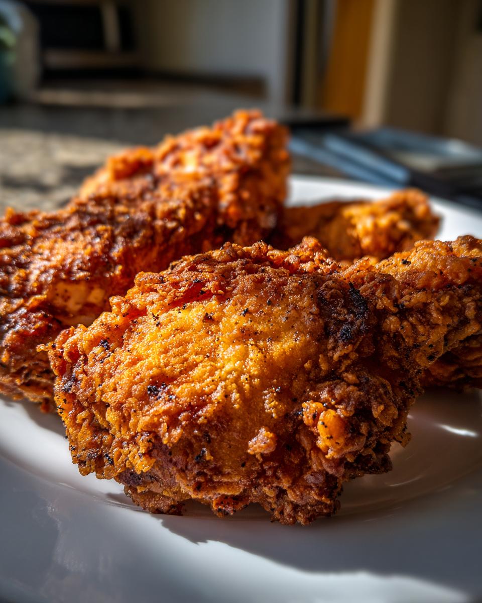 Close-up of golden brown, crispy air fryer fried chicken pieces resting on a white plate.