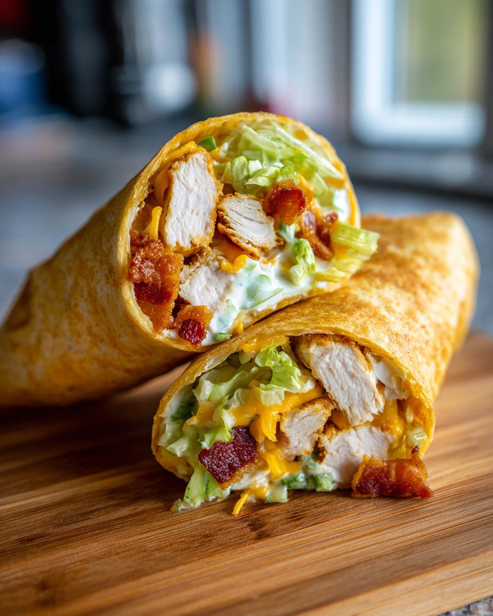 Close-up of a chicken bacon ranch wrap cut in half, showing crispy chicken, bacon, cheese, lettuce, and ranch dressing.