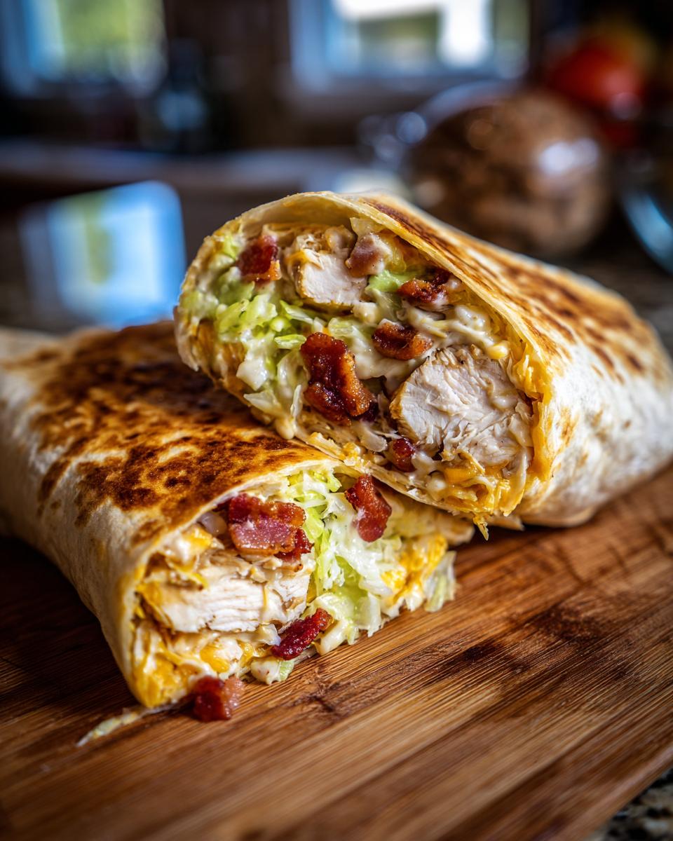 Cross-section of a crispy chicken bacon ranch wrap showing chunks of chicken, bacon, lettuce, and ranch dressing.