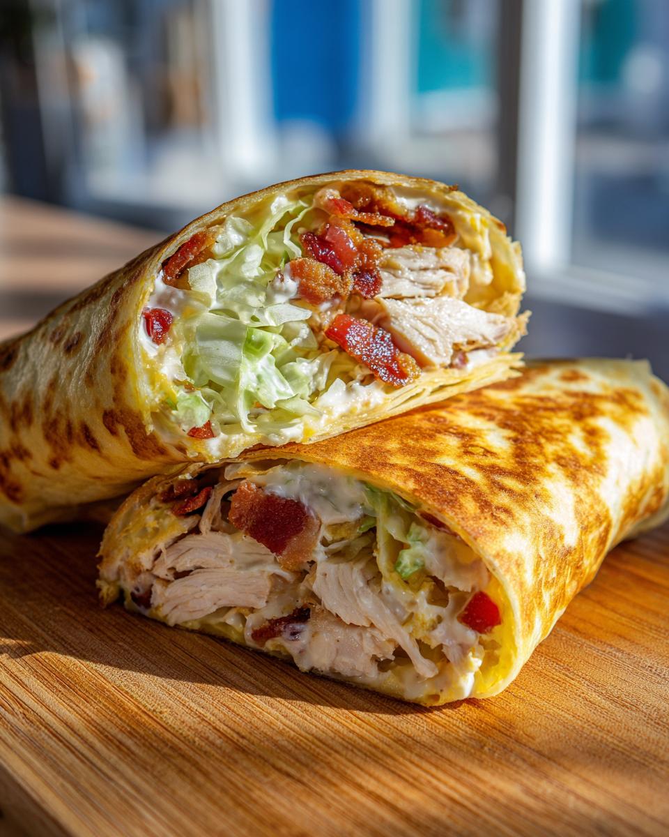 A crispy chicken bacon ranch wrap cut in half, showing layers of chicken, bacon, lettuce, and ranch dressing.