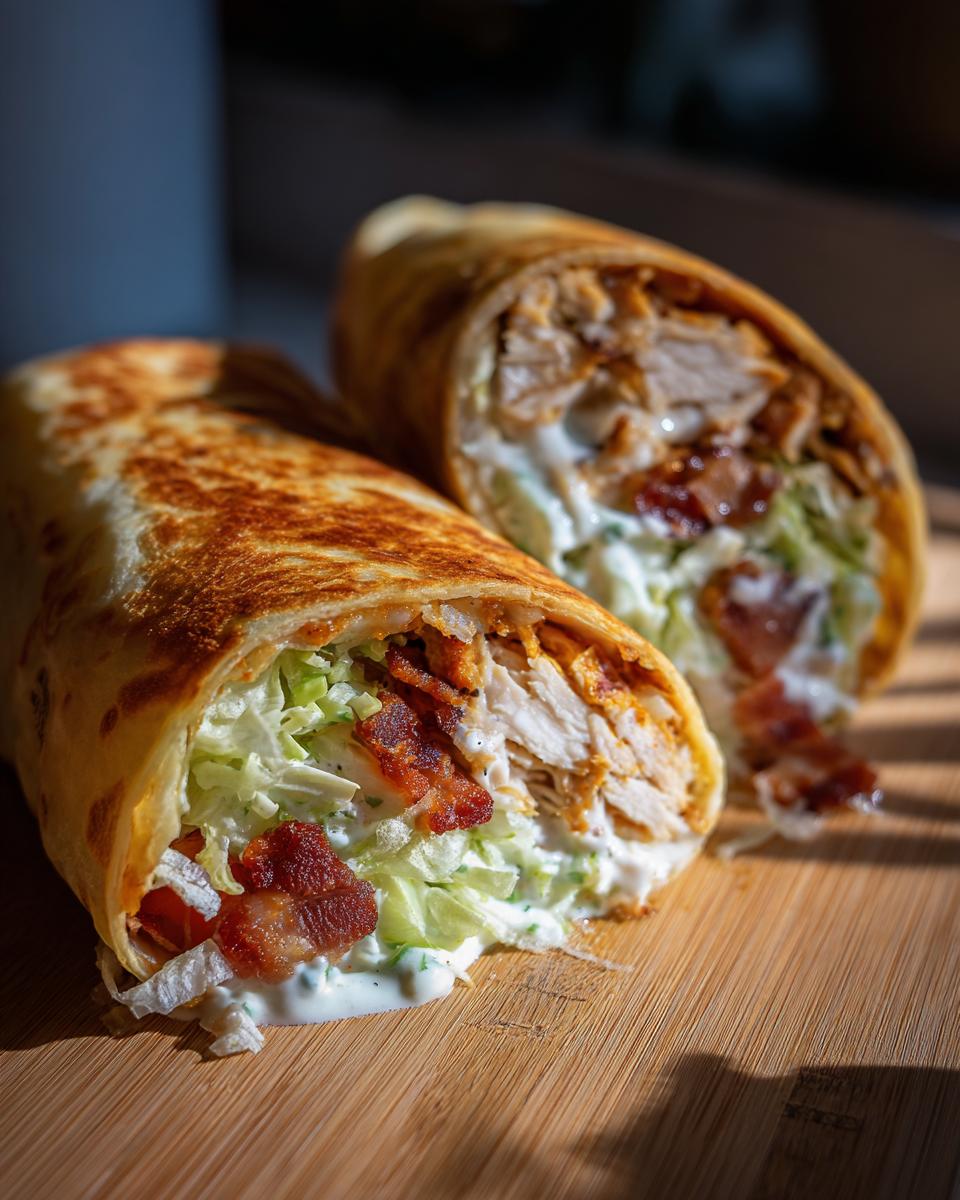 Two halves of a crispy chicken bacon ranch wrap showing filling of chicken, bacon, lettuce, and ranch sauce on a wooden board.