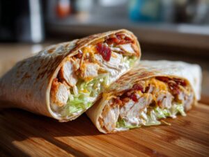 A crispy chicken bacon ranch wrap cut in half, showing layers of chicken, bacon, cheese, lettuce, and ranch dressing.