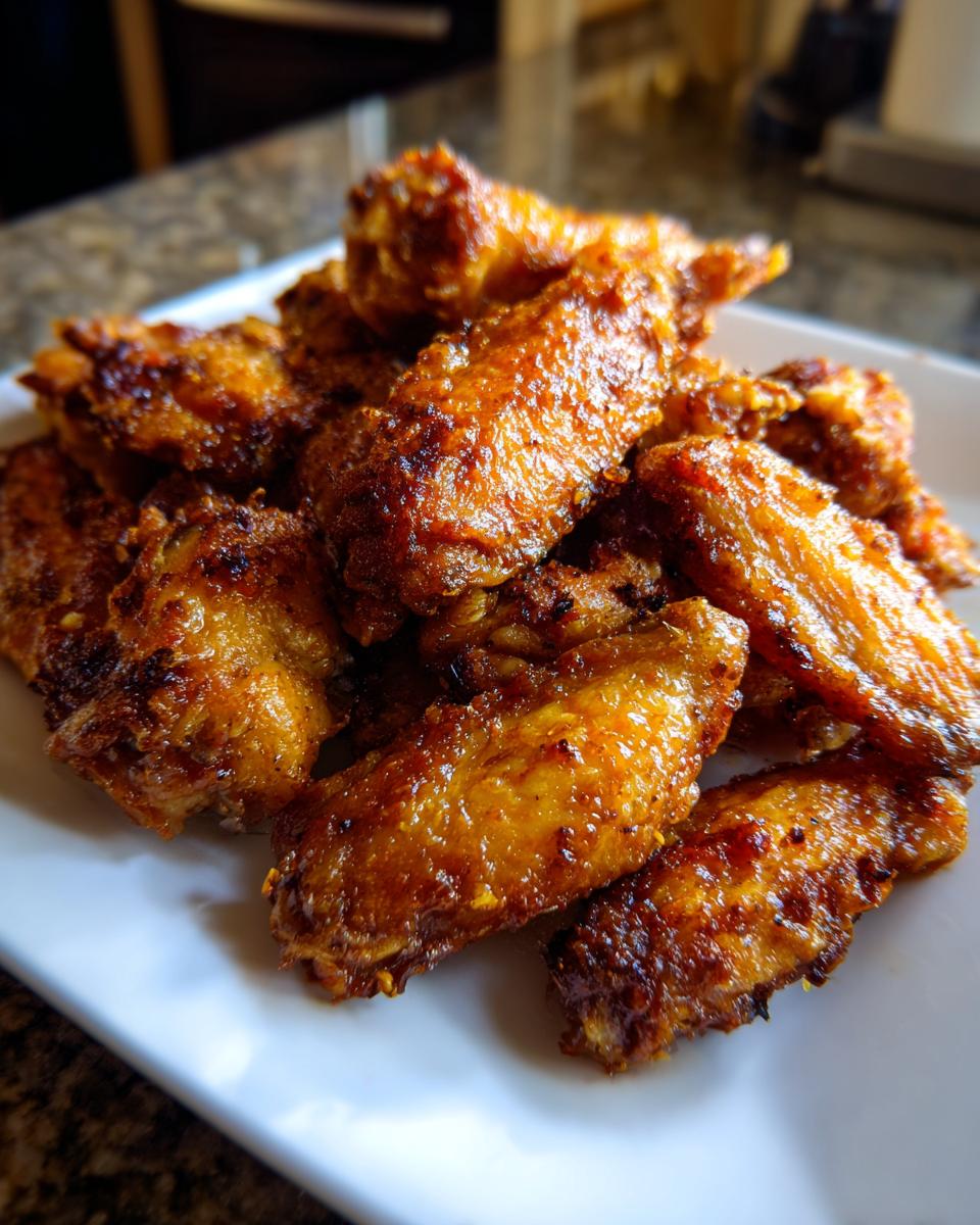 A close-up of a pile of golden-brown, crispy chicken wings seasoned with spices.