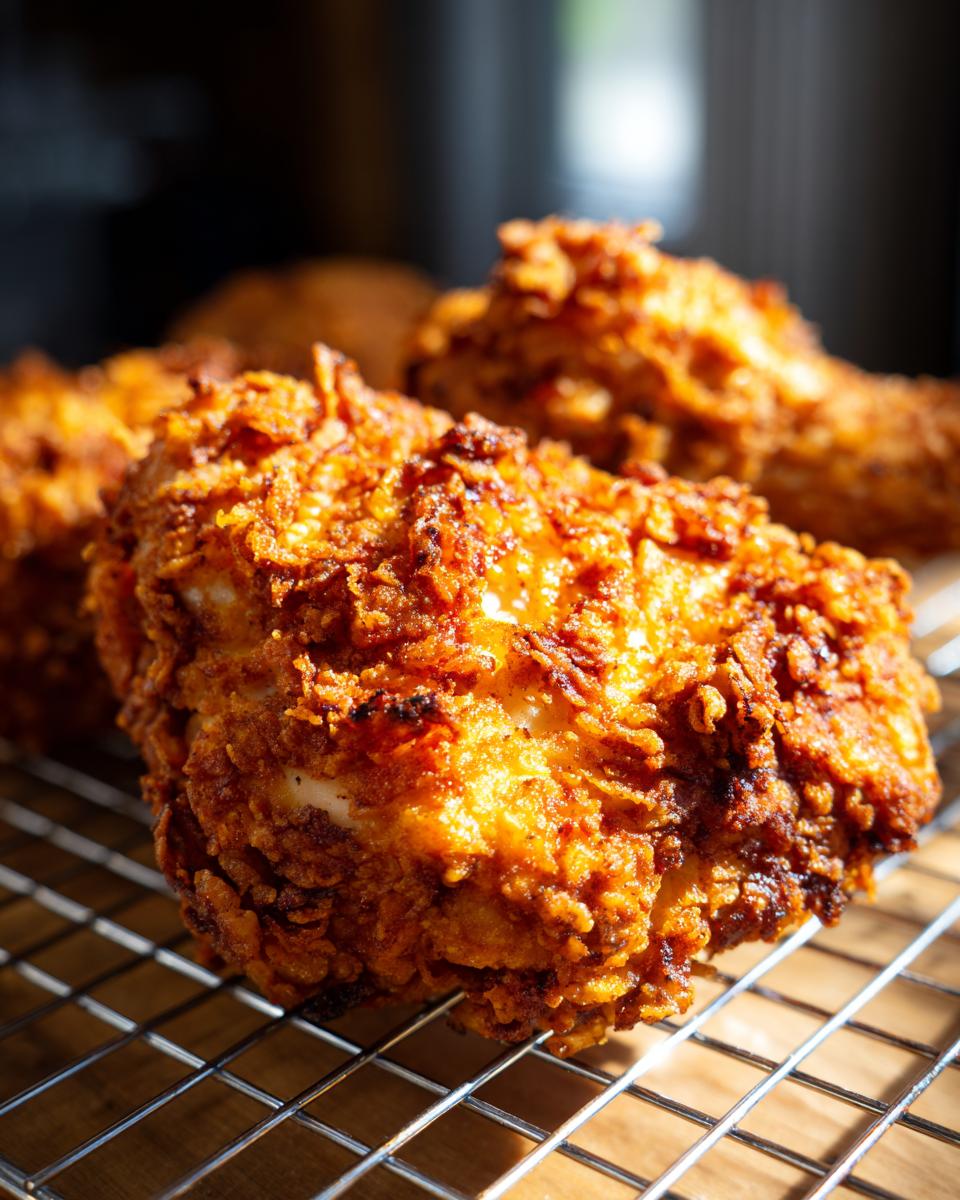 Close-up of a piece of perfectly cooked, crispy fried chicken resting on a wire cooling rack.