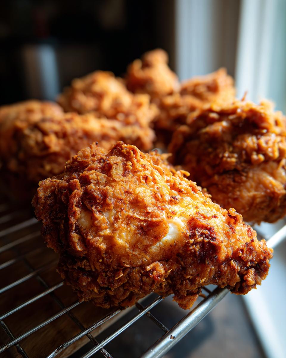 Close-up of golden brown, crispy fried chicken pieces cooling on a wire rack after cooking.
