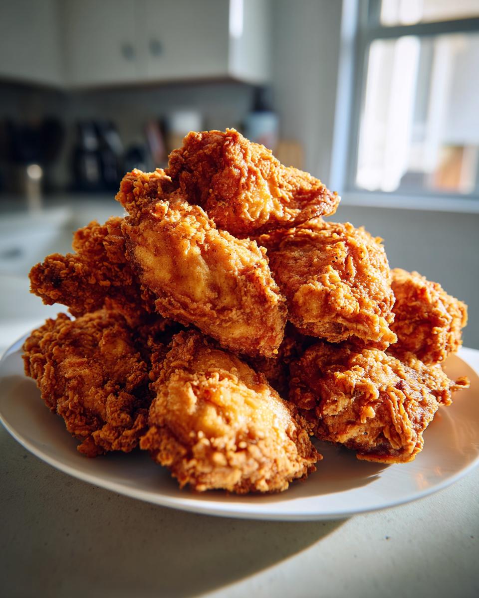 A tempting pile of golden brown, crispy fried chicken wings stacked high on a white plate.