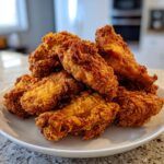 A generous pile of perfectly golden brown, crispy fried chicken wings stacked on a white plate.
