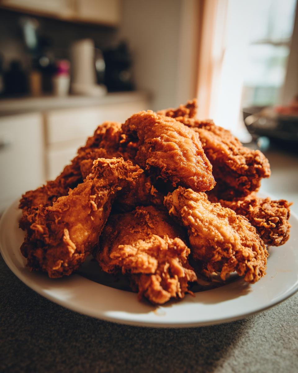 A close-up of a large pile of golden brown, crispy fried chicken wings served on a white plate.