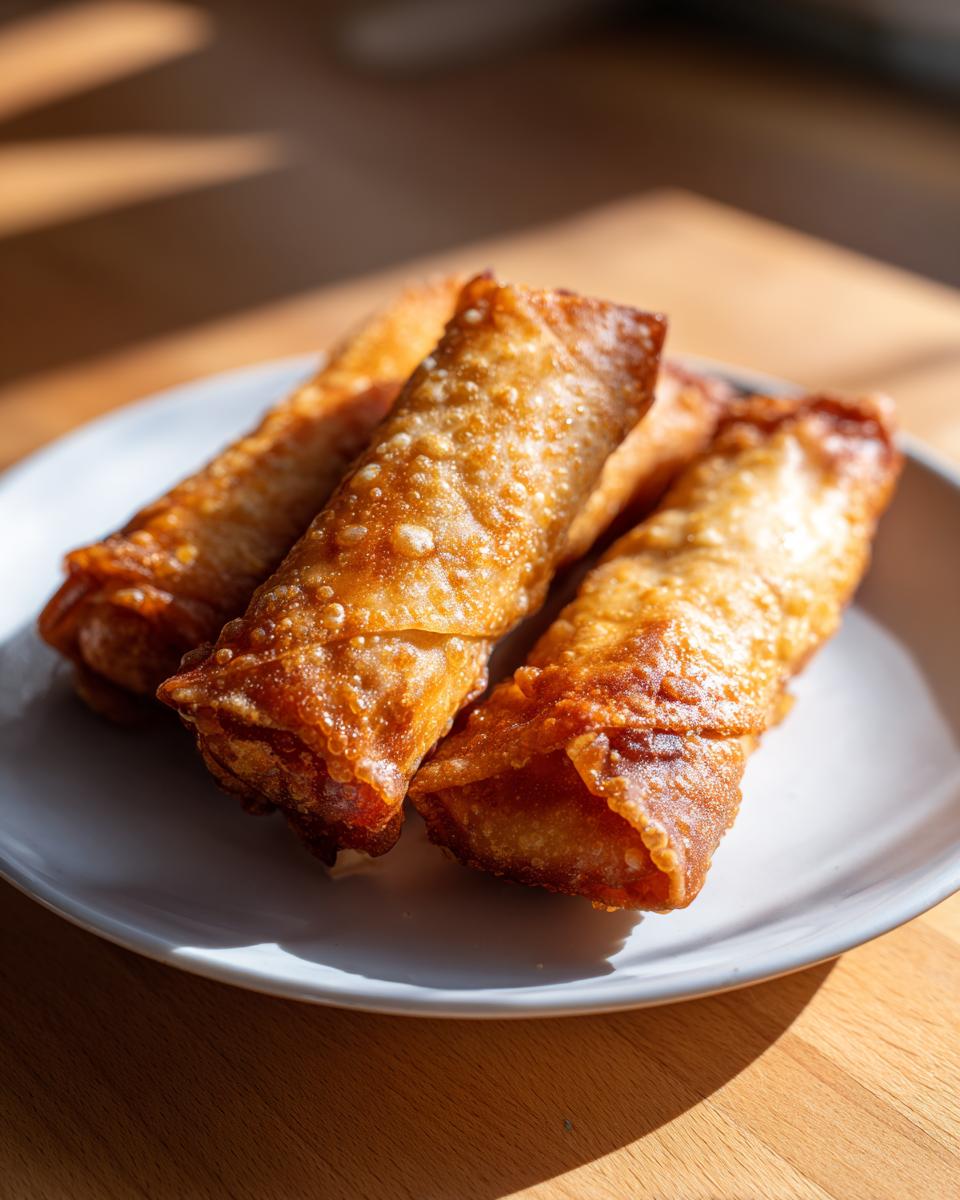 Three golden brown, crispy fried egg roll appetizers stacked on a white plate, highlighted by natural sunlight.