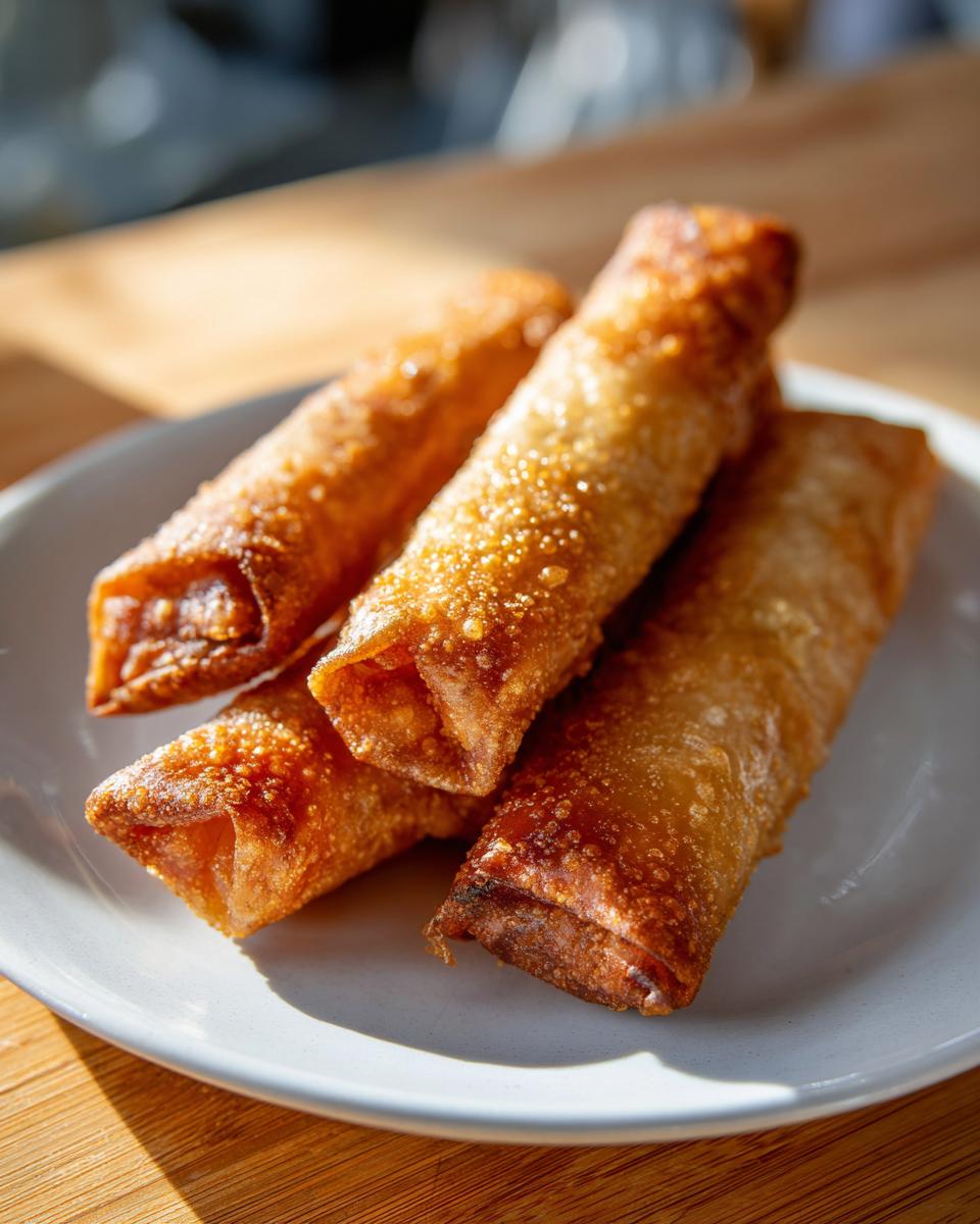 Four golden brown, crispy fried egg roll appetizers stacked on a white plate under bright sunlight.
