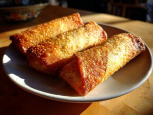 Three perfectly golden brown, crispy fried egg roll appetizers resting on a light-colored plate.