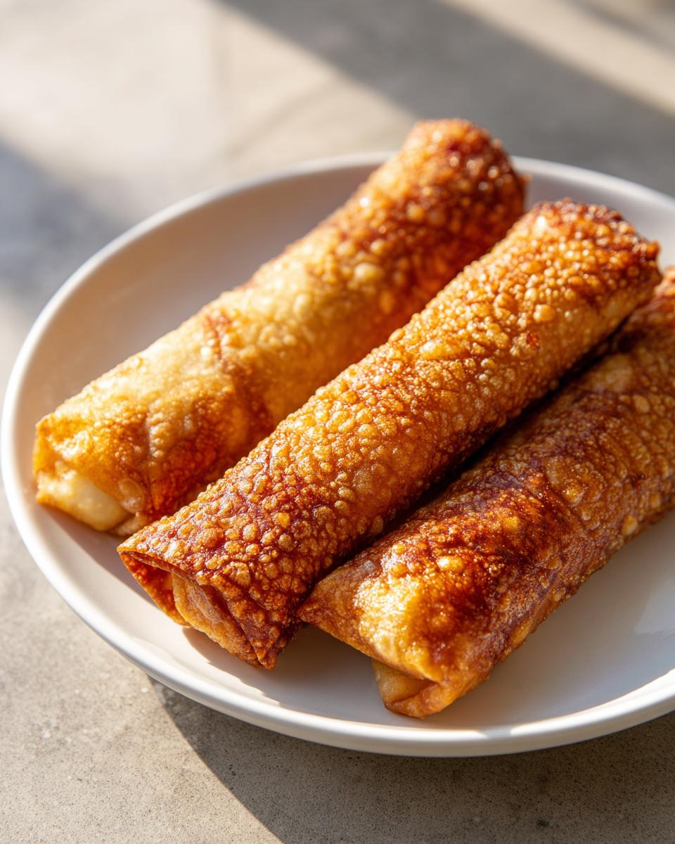 Three perfectly fried, crispy egg roll appetizers stacked on a white plate under bright sunlight.