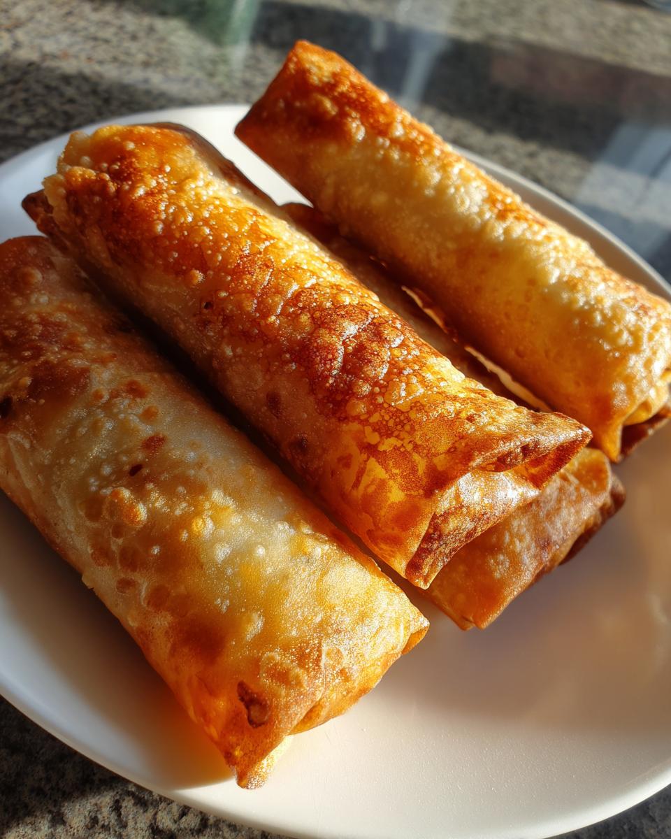Close-up of three golden brown, crispy fried egg roll appetizers stacked on a white plate.
