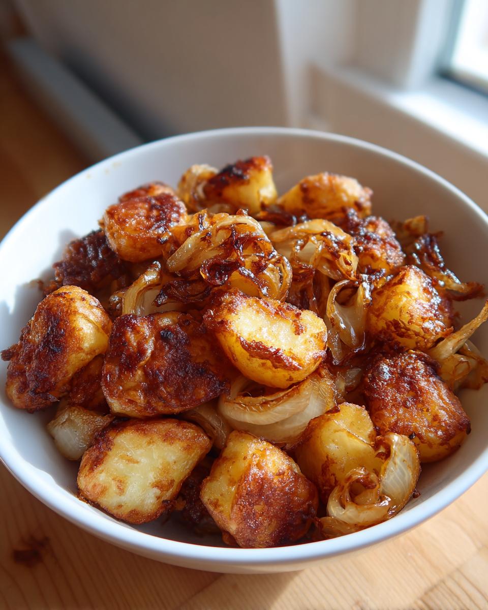 A white bowl filled with golden brown, crispy fried potatoes mixed with caramelized onions.