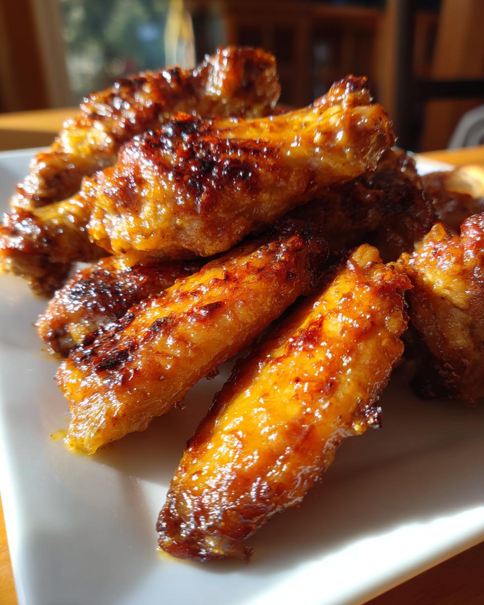 A close-up of perfectly cooked, crispy, and glazed chicken wings piled on a white plate.