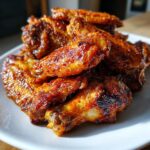 A pile of perfectly cooked, crispy chicken wings coated in a shiny, reddish-brown glaze, ready to eat.