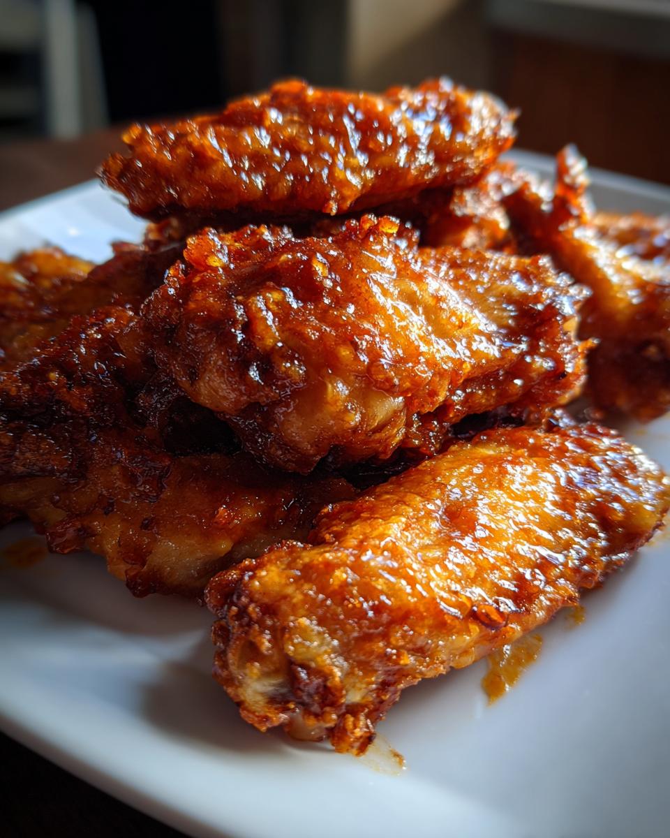 Close-up of perfectly crispy, glazed chicken wings piled high, showing their shiny, caramelized coating.