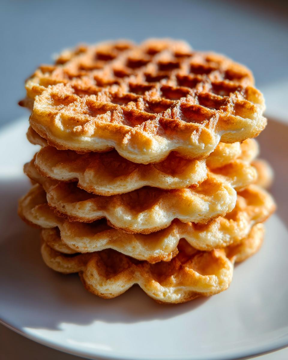 A close-up stack of four golden brown, crispy pizzelle cookies with scalloped edges.