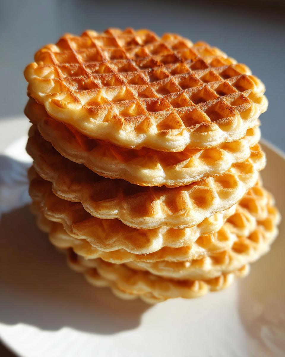 A vertical stack of five golden-brown, crispy pizzelle cookies with a distinct waffle pattern.