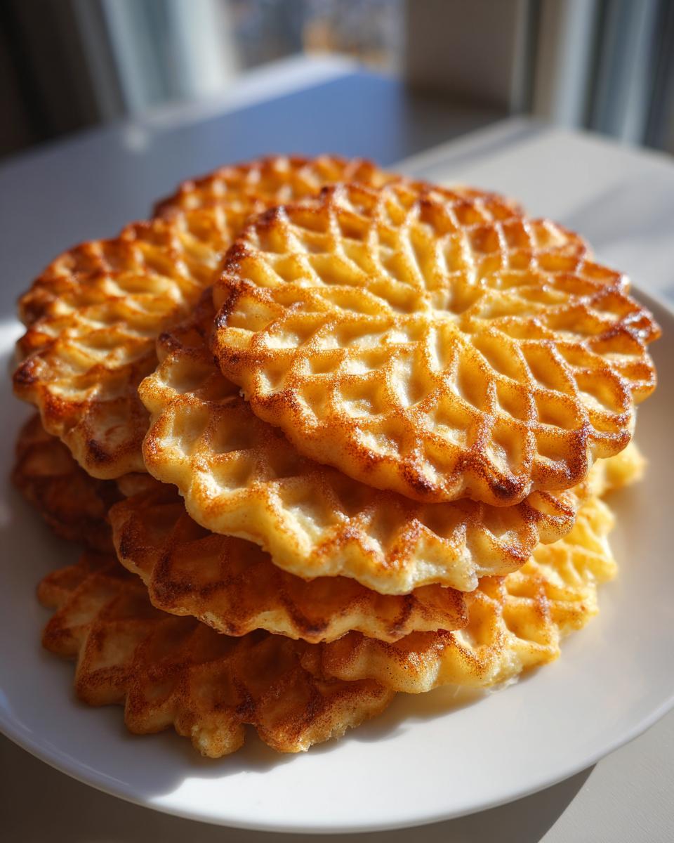 A stack of freshly made, golden brown, crispy pizzelle cookies with a delicate waffle pattern, sitting on a white plate.