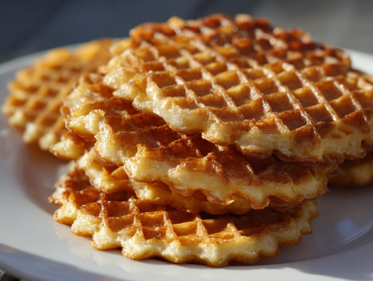 A close-up stack of golden brown, crispy pizzelle cookies resting on a white plate.