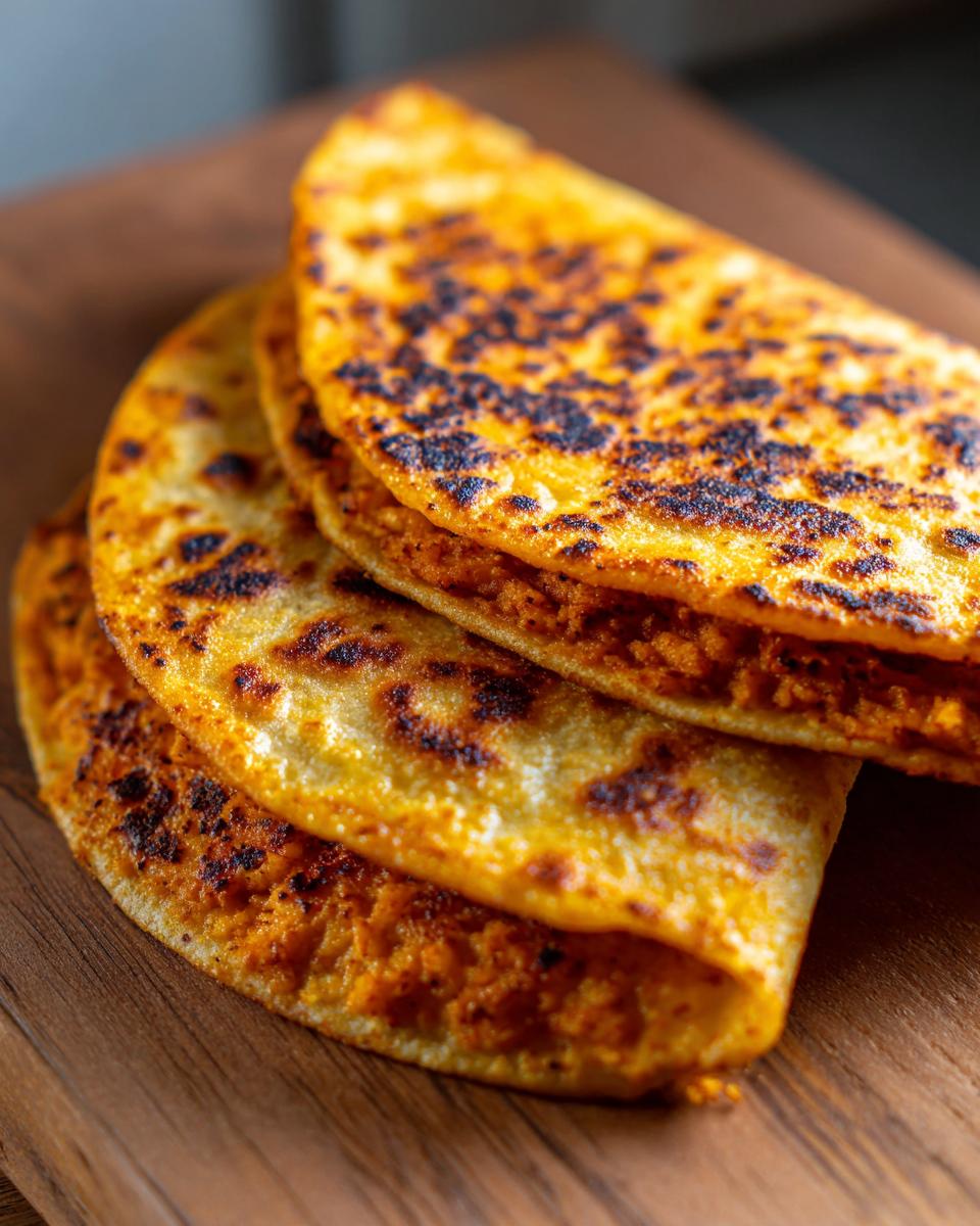 Close-up of three crispy, golden-brown potato tacos stacked on a wooden cutting board.