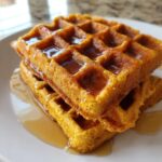 A close-up of a stack of golden brown, crispy pumpkin waffles generously drizzled with maple syrup.