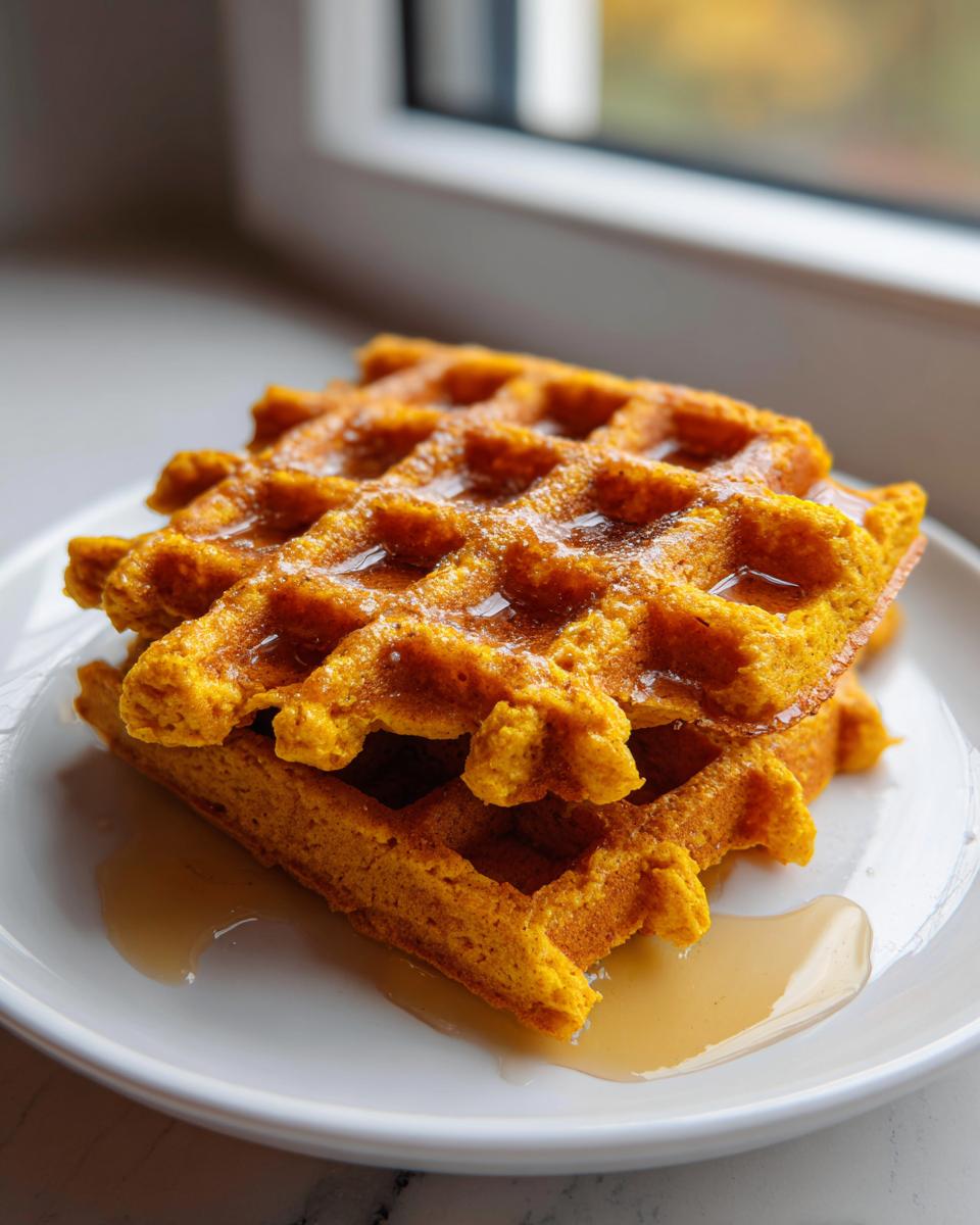 A stack of two golden-orange pumpkin waffles drizzled generously with maple syrup on a white plate.