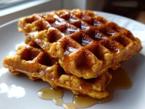 A close-up stack of golden brown, crispy pumpkin waffles generously drizzled with maple syrup.