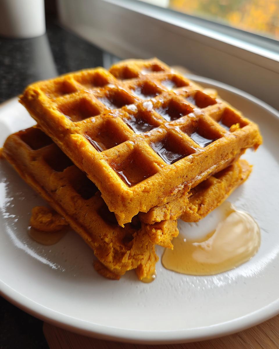 A stack of two golden-orange pumpkin waffles drizzled generously with maple syrup on a white plate.