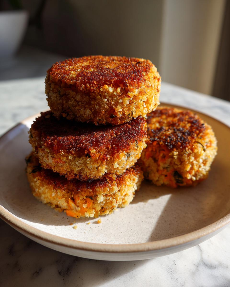 A stack of three golden-brown, crispy salmon cakes on a light ceramic plate.
