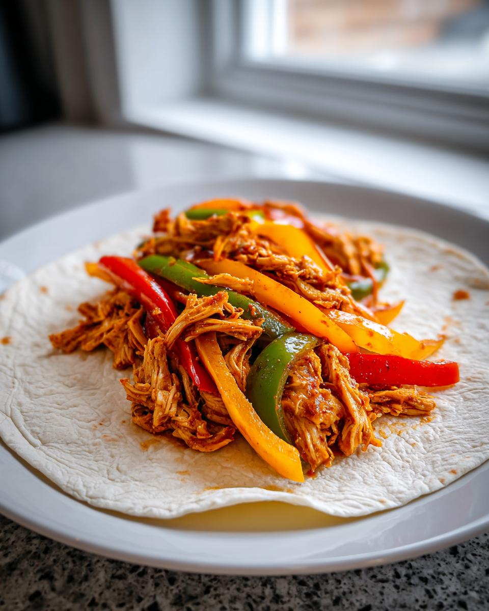 Shredded chicken with colorful bell peppers ready to be made into crockpot chicken fajitas on a soft tortilla.