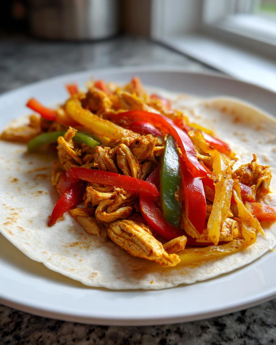 Close-up of shredded chicken and colorful bell peppers ready for crockpot chicken fajitas served on a flour tortilla.