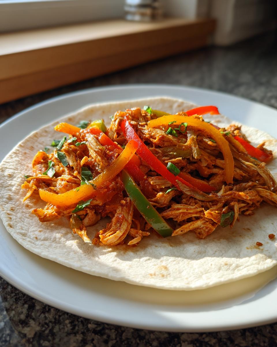 Shredded, seasoned chicken and colorful bell pepper strips ready to be folded into a tortilla for crockpot chicken fajitas.
